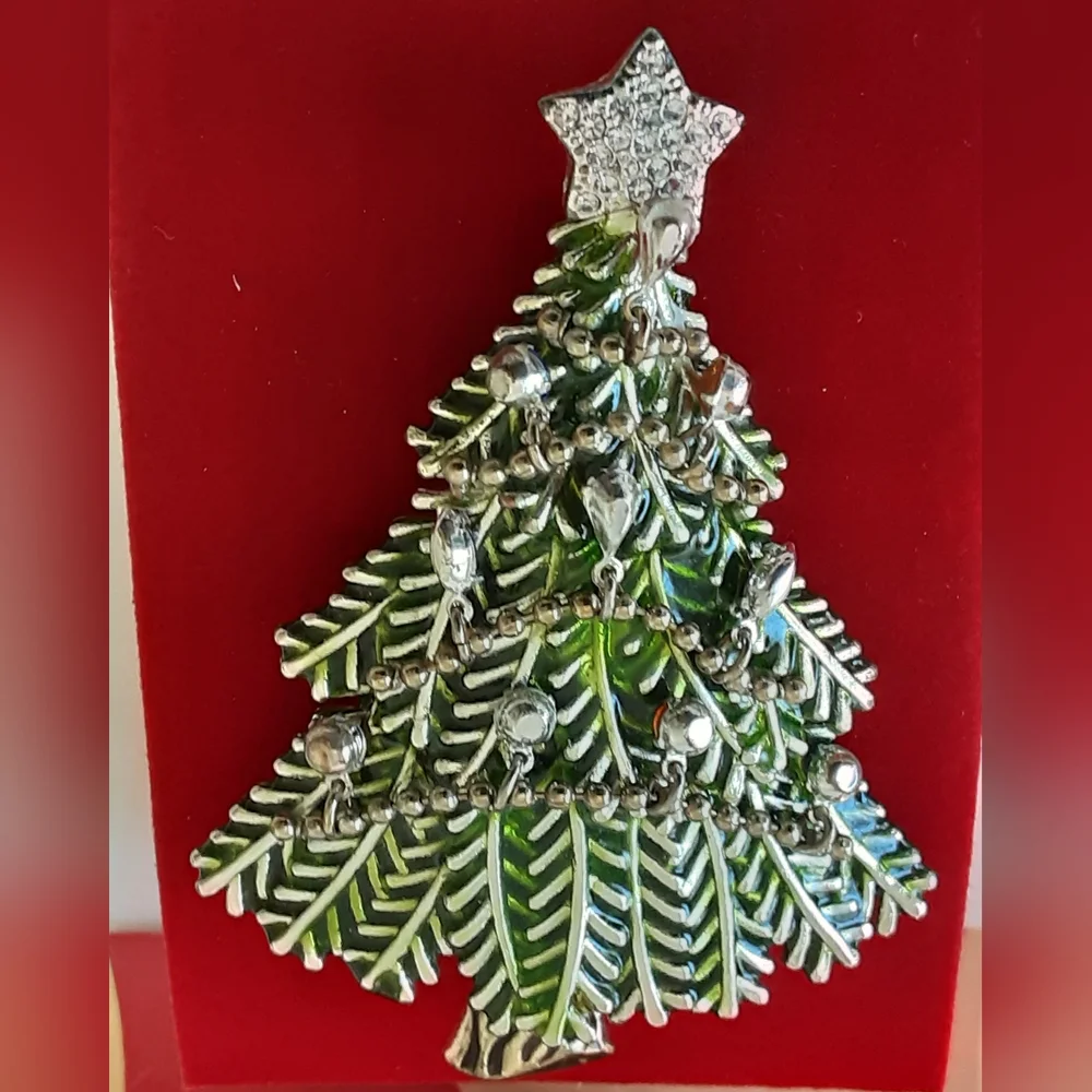 Avon 2008 5th Annual Dangling Rhinestone Enamel Christmas Tree Brooch  Vtg/NIB
